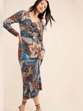 FARM Rio Blue Paisley Long-Sleeve Midi Dress with Decorative Rosette Buttons
